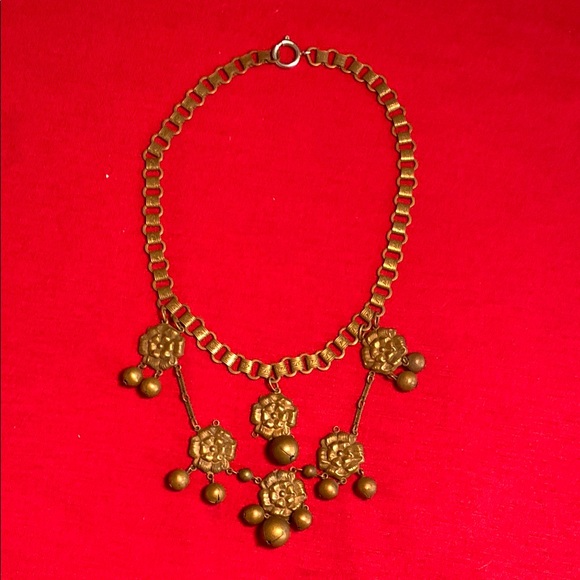 Vintage Gold/Brass colored Necklace with Floral Accents - Picture 3 of 7